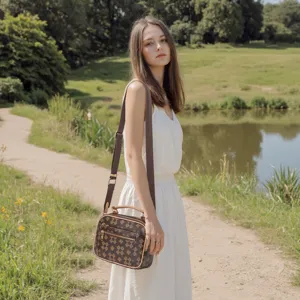 Detailed view of the stylish brown monogram shoulder bag worn outdoors by a scenic pond.