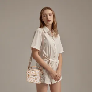 Women fashion crossbody shoulder bag with geometric pattern, chic daily commuter handbag.