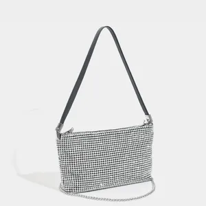 Fashion Rhinestone Underarm Bag For Women PU Leather Single Shoulder Crossbody Chain Handbag Trendy Evening Purse