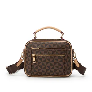 Fashion brown checkered women handbag with top handle and crossbody strap for daily commute.