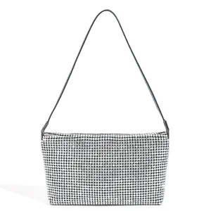 Chic rhinestone shoulder bag for women, sparkling crystal evening baguette handbag for party.