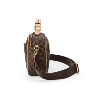 Brown checkered crossbody bag side view detail showing strap hardware and leather trim.