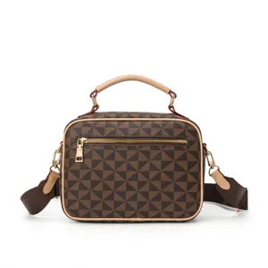 Classic brown checkered handbag with top handle and crossbody strap, stylish daily bag.