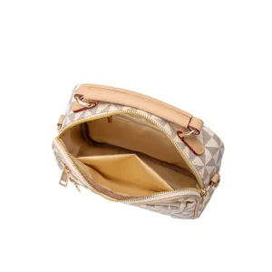 Detailed view of a checkered handbag interior, featuring structured canvas and leather trim.