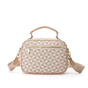Classic geometric pattern shoulder handbag with top handle and adjustable strap for women.