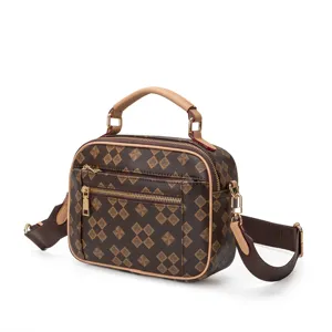 Women's vintage monogram top handle crossbody bag stylish shoulder bag with brown print.
