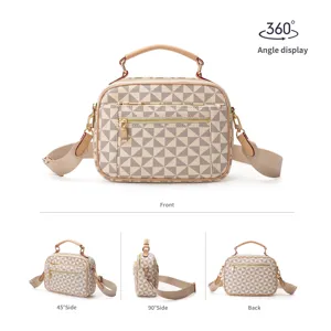 Stylish women handbag top handle shoulder bag with geometric pattern and adjustable strap.