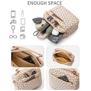 Stylish geometric print canvas handbag with multiple compartments, versatile crossbody bag for women.