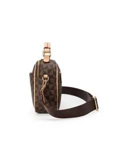 Stylish brown checkerboard pattern women crossbody shoulder bag with top handle and strap.