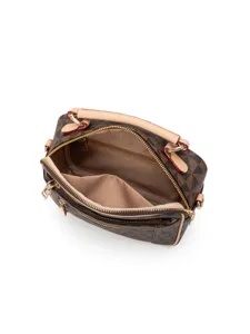 Stylish brown monogram crossbody shoulder bag with top handle and dual zippers for women.