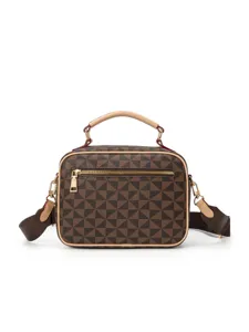 Stylish brown checkered women crossbody bag with top handle and strap for daily commute.