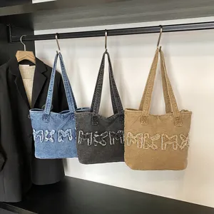 Vrouwen Retro Gewassen Denim Tote Bag Casual Large Capacity Shoulder Bag Fashion Letter Embroidered Canvas Handbag