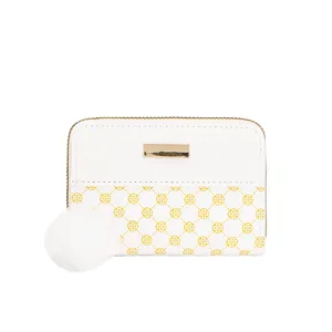 Mini white wallet with yellow clover print and cute fluffy pom-pom charm for women.
