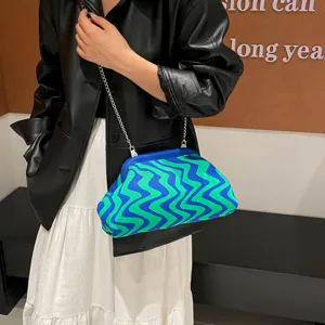 Blue and green wave pattern knitted dumpling bag with metal chain strap for daily use