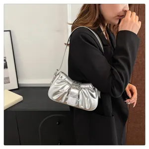 Silver ruched baguette shoulder bag for women, trendy chic retro style PU leather handbag.
