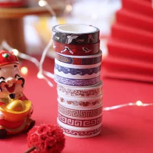 Decorative washi tape set red festive Japanese style masking tapes for bullet journal DIY crafts.