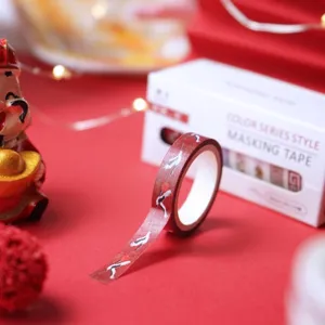 New Year red Japanese style washi tape detail shot, festive decorative masking tape.