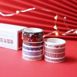 New year red washi tape set decorative masking tapes with traditional patterns details.
