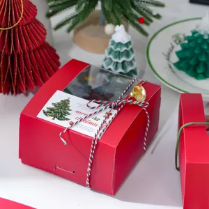 Detailed view of red Christmas gift box with clear window, festive string and holiday tag.