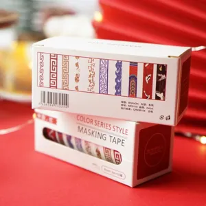 Red festive washi tape detail shot, traditional decorative masking tape set for journaling.
