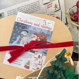 Detail view of Christmas packaging box with red velvet ribbon and festive card decor.