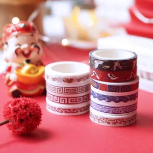 Japanese Style Washi Tape Red Festive Cloud Crane Wave Printed Craft Masking Tape For New Year Holiday Journal DIY Scrapbooking Ornament