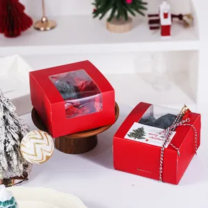 Red Christmas gift box with clear window, festive packaging box for holiday presents 5pcs