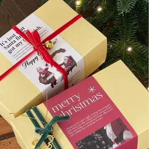 Christmas gift packaging box with velvet ribbon, festive holiday wrapping and decorative band.