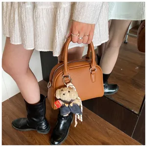 Stylish brown leather textured handbag with cute bear charm, chic daily small shoulder bag.
