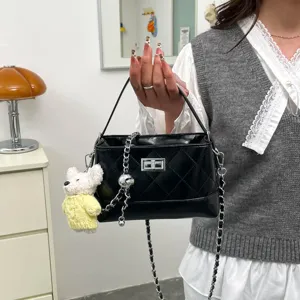 Women Fashion Quilted Bucket Bag PU Leather Classic Chain Crossbody Shoulder Bag With Metal Turn Lock Handbag