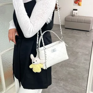 White quilted shoulder bag for women classic chain crossbody bag with cute dog pendant chic purse