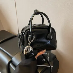 Women black patent leather bowling bag retro pillow shoulder crossbody handbag trendy 2025