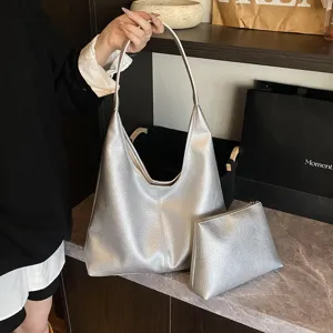 Silver leather hobo shoulder bag with matching pouch, stylish women casual handbag, main view display.