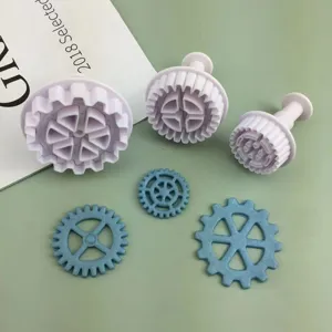 Gear plunger cutter set for cake decorating, 3D spring press cookie molds for baking crafts.