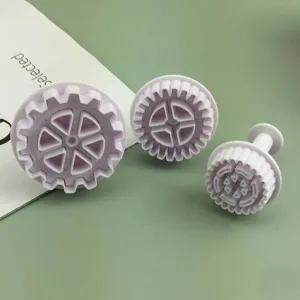 3-piece gear plunger cutter set for cake decorating, 3D spring press cookie molds for baking.