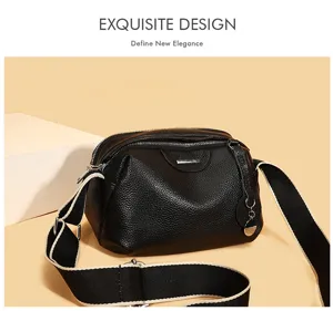 Black genuine leather crossbody bag for women with wide strap, casual shoulder purse.