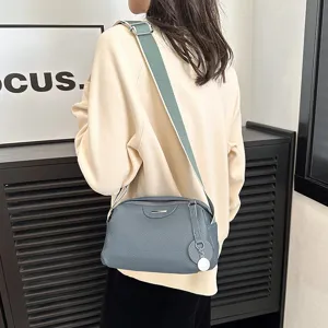 Genuine leather crossbody bag for women, stylish casual shoulder bag with wide strap grey