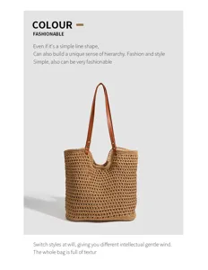 Detailed view of the woven straw tote bag showcasing the intricate texture and leather handles.