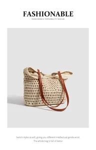 Details of the stylish woven crochet tote bag with leather handles, perfect for beach.