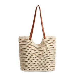 Chic hollow woven straw tote bag for women, large capacity summer beach shoulder handbag.