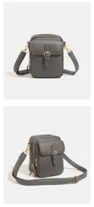 Borsa a tracolla verticale in pelle PU grigia da donna per uso quotidiano e viaggi.