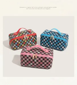 Large capacity colorful checkered cosmetic bag portable travel storage makeup bag for women