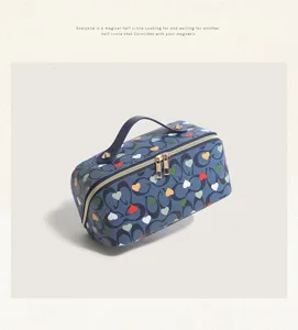 Detailed view of the blue monogram heart cosmetic bag showing dual zippers and sturdy handle.