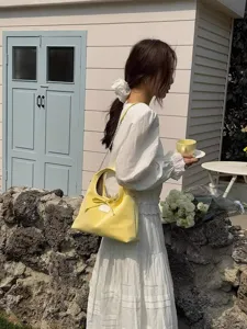 Korean style minimalist women's shoulder bag sweet bow crossbody yellow leather purse