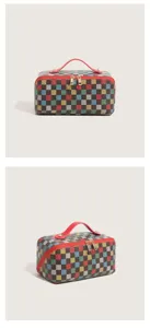 Colorful checkered cosmetic bag detail showcasing vibrant multi-color grid and red carry handle.