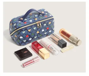 Korean style heart print cosmetic bag, large capacity portable travel makeup pouch.