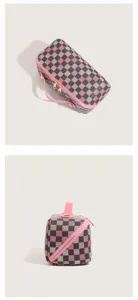 Large capacity cosmetic bag with colorful checkered pattern, portable handle and durable zipper.