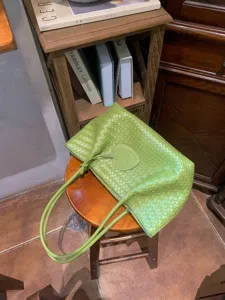 Green woven leather shoulder bag large capacity tote bag with heart charm casual daily use