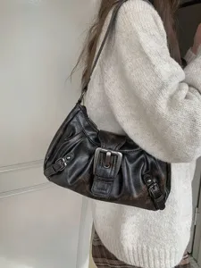 Retro distressed brown shoulder bag, trendy underarm hobo purse with stylish metal buckle.