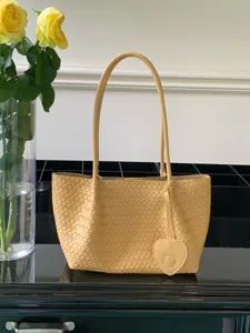 Yellow woven leather shoulder tote bag with heart charm casual large capacity stylish handbag